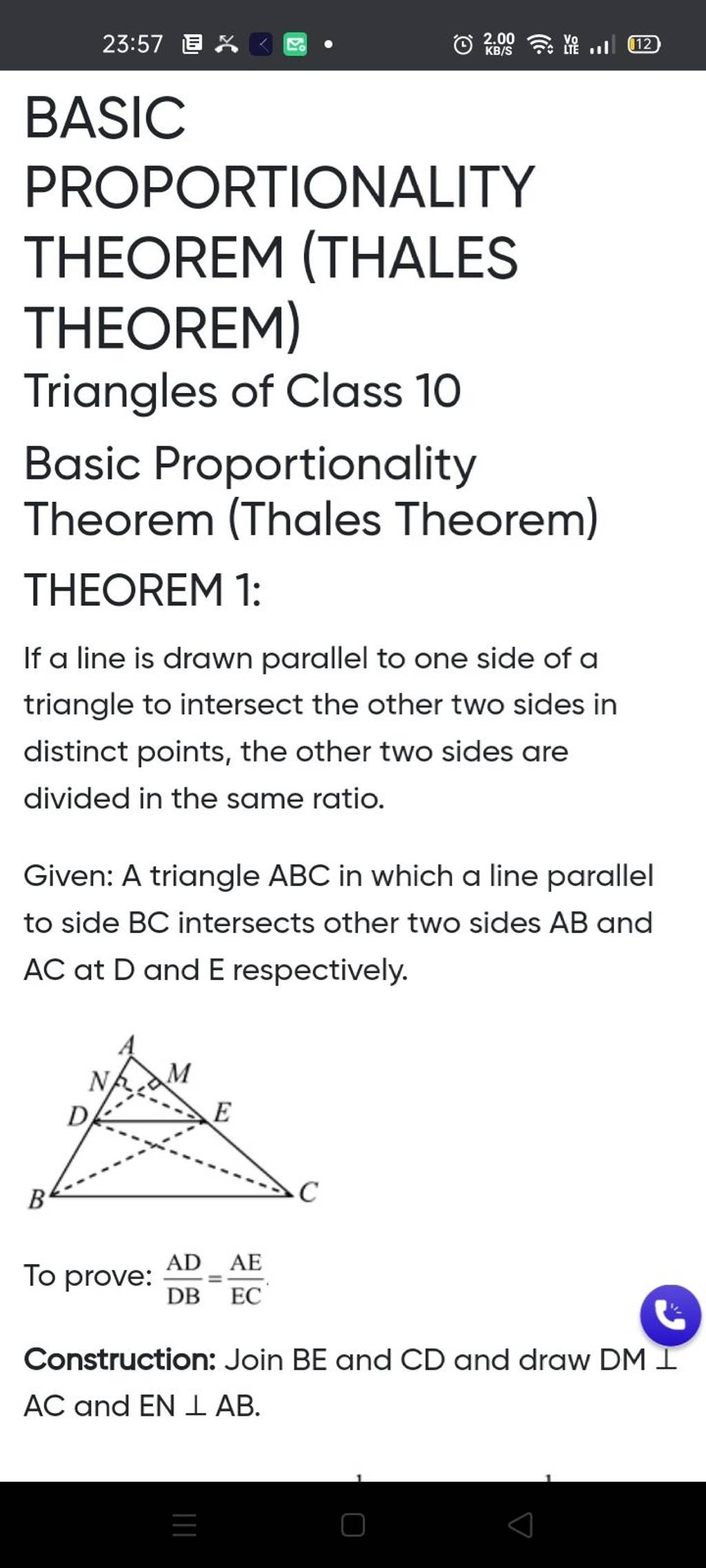 Basic Proportionality Theorem Thales Theorem Triangles Of Class 10 Basi 0660