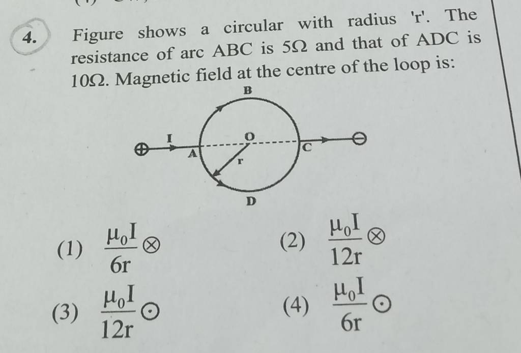 Figure shows a circular with radius ' r '. The resistance of arc ABC is 5..