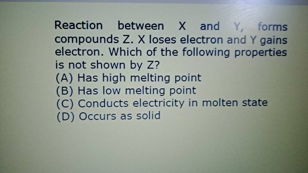 Reaction between X and Y, forms compounds Z. X loses electron and Y gains..