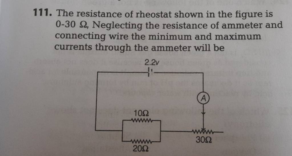 111. The resistance of rheostat shown in the figure is 030 Ω, Neglecting..