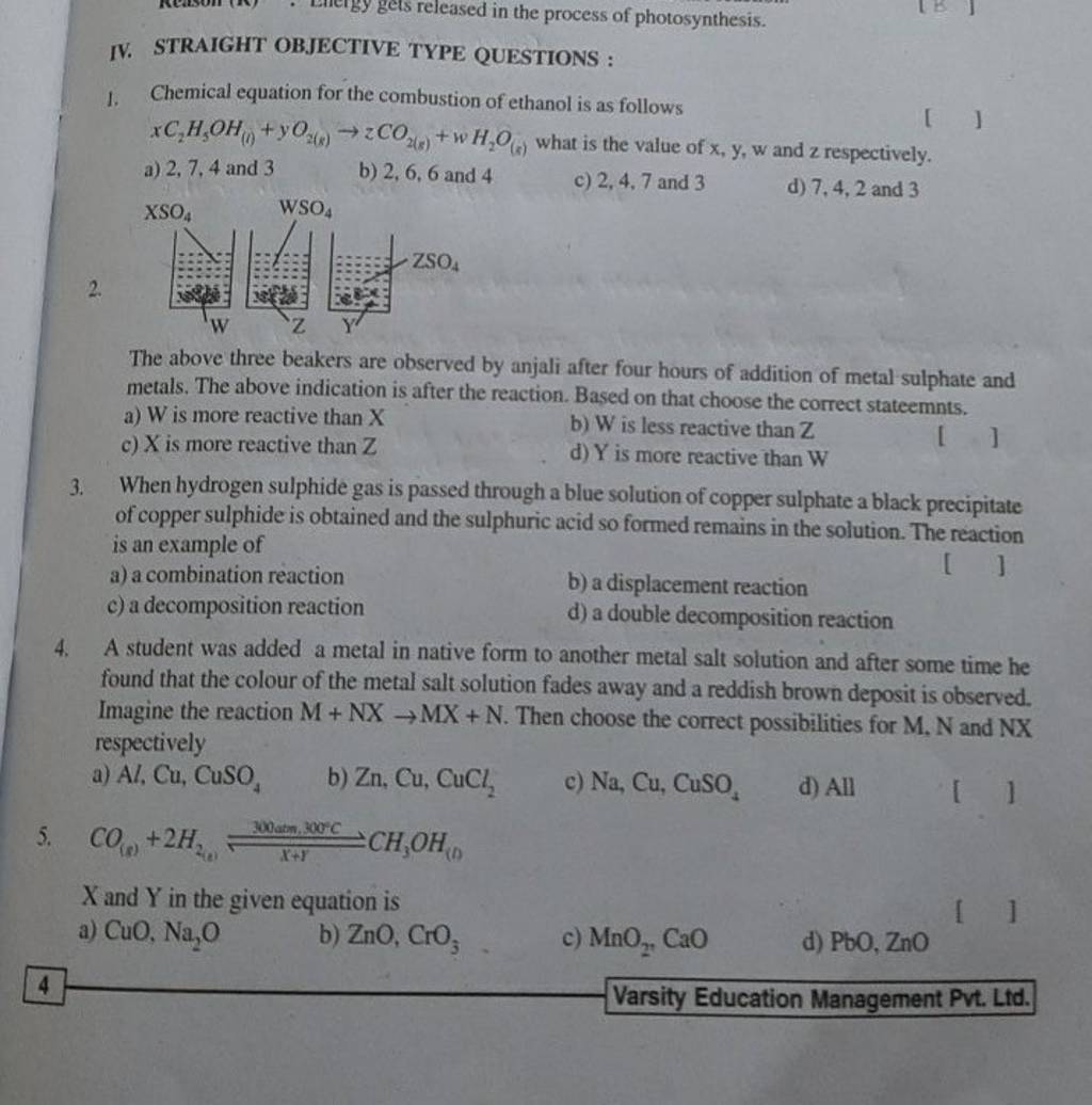 STRAIGHT OBJECTIVE TYPE QUESTIONS 1. Chemical equation for the combusti..