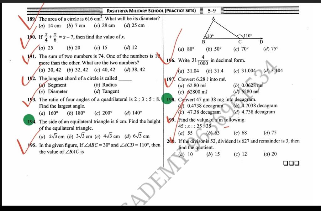 189. The area of a circle is 616 cm2. What will be its diameter? (a) 14 c..