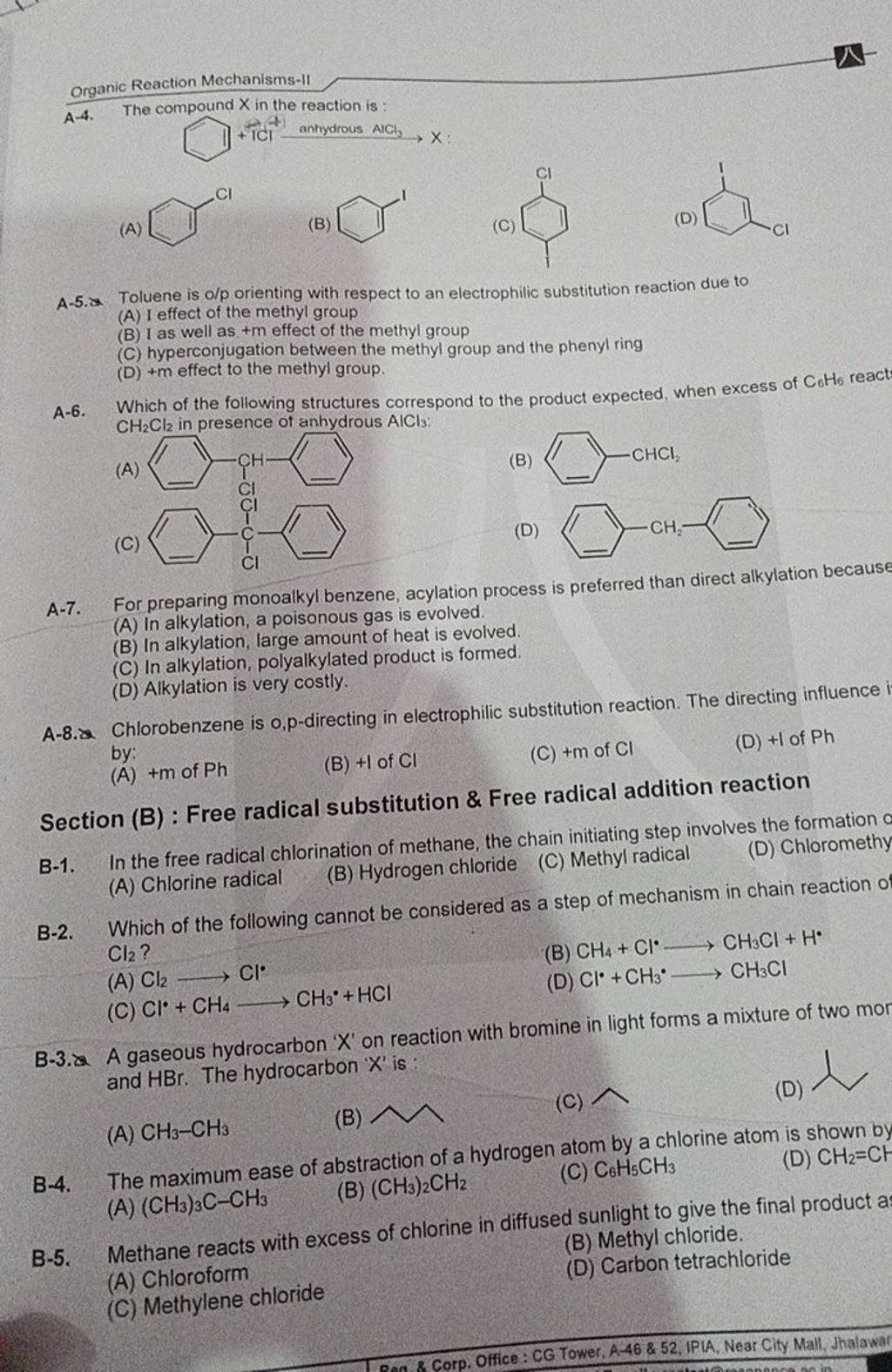 Section (B): Free Radical Substitution \& Free Radical Addition Reaction