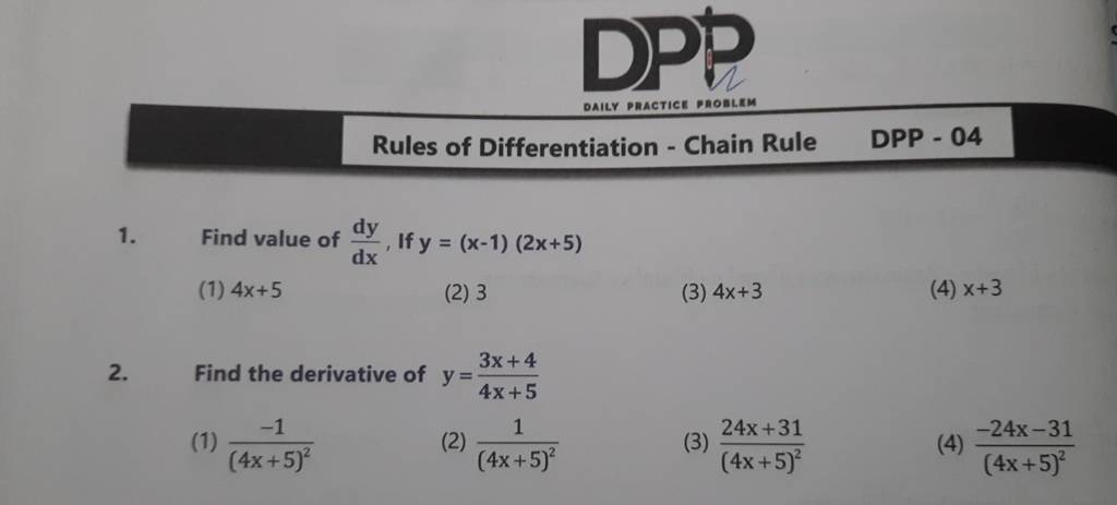DAILV PRACTICE PAOBLIM Rules of Differentiation - Chain Rule DPP - 04 