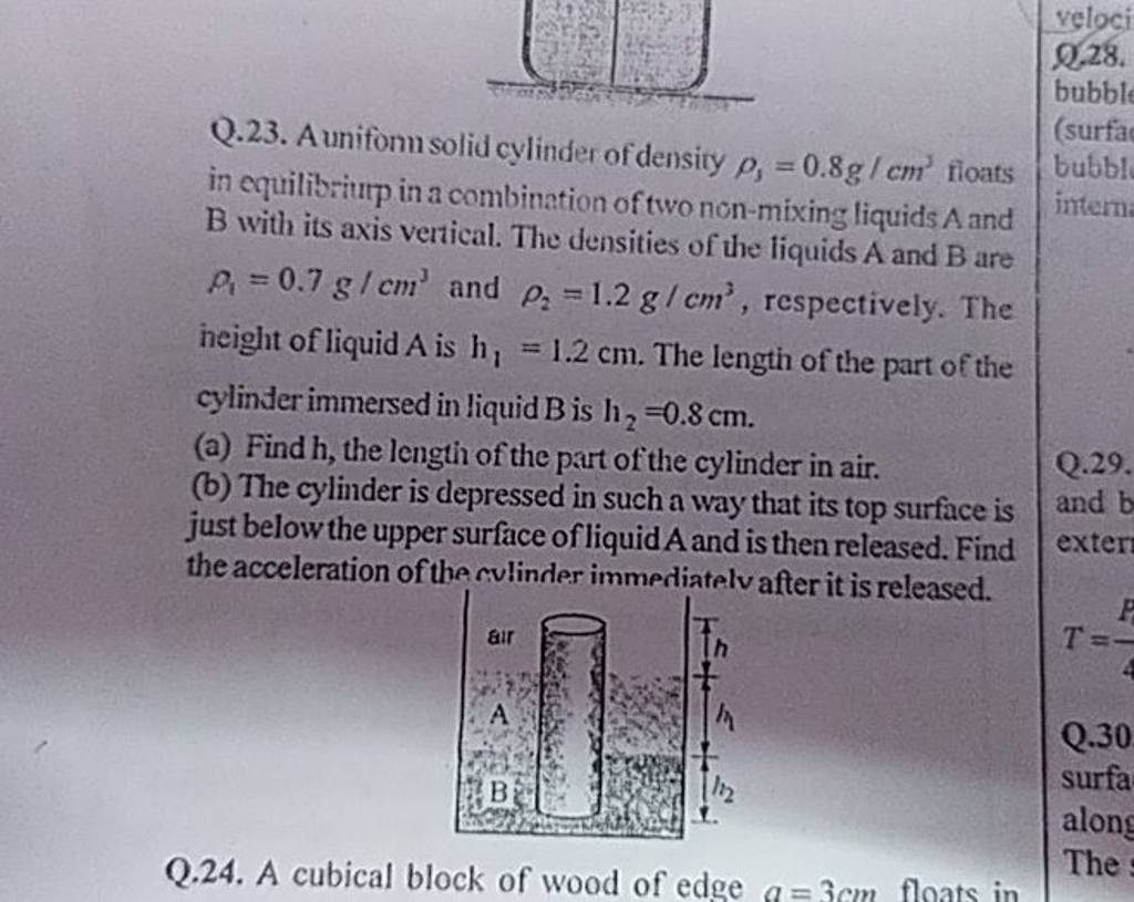 Q.23. A unifon solid cylinder of density ρs =0.8 g/cm3 floats in equilibr..