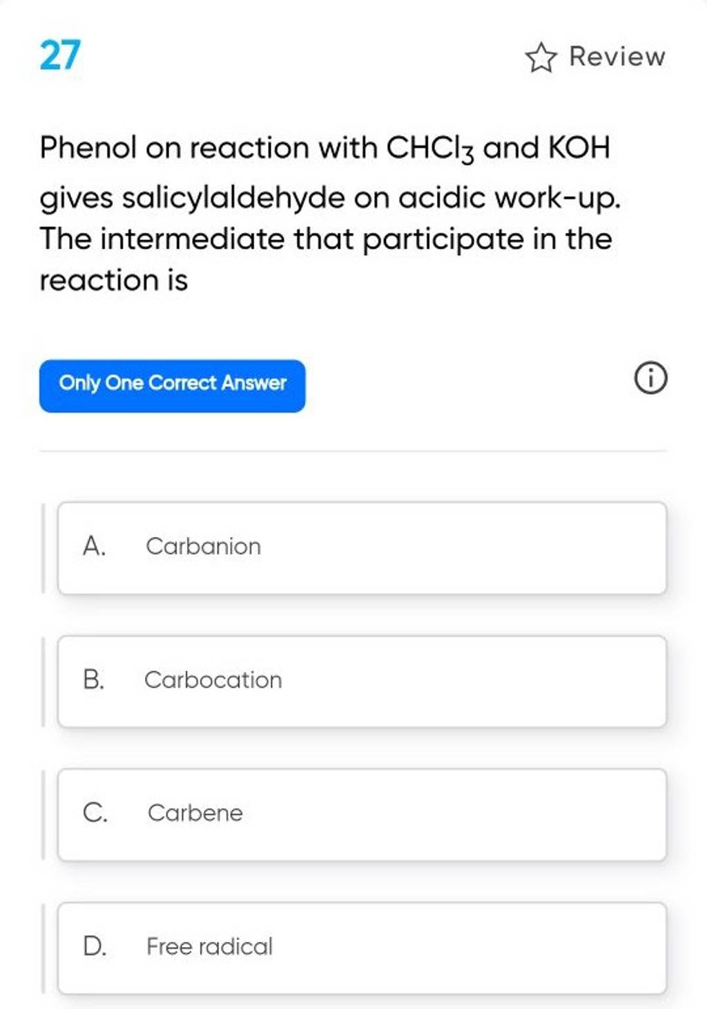 27 ≈ Review Phenol on reaction with CHCl3 and KOH gives salicylaldehyde