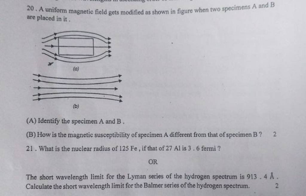20. A uniform magnetic field gets modified as shown in figure when two