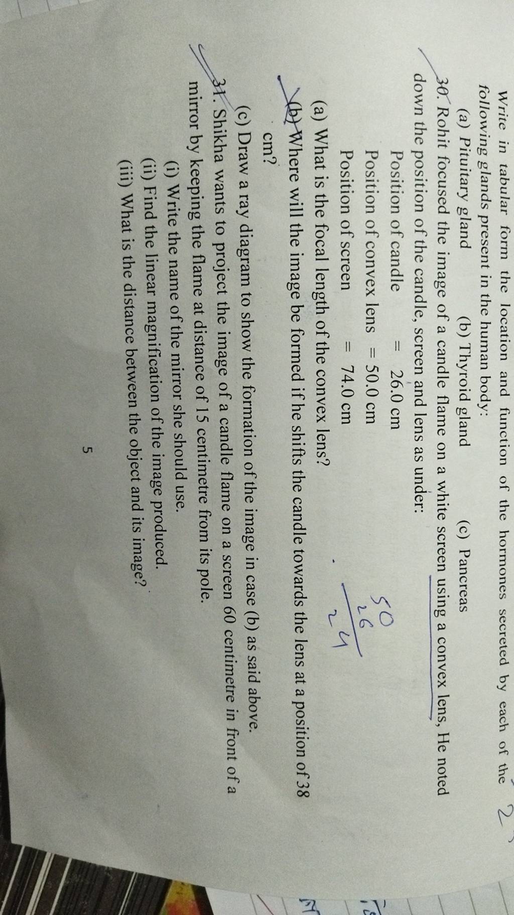 Write in tabular form the location and function of the hormones secreted
