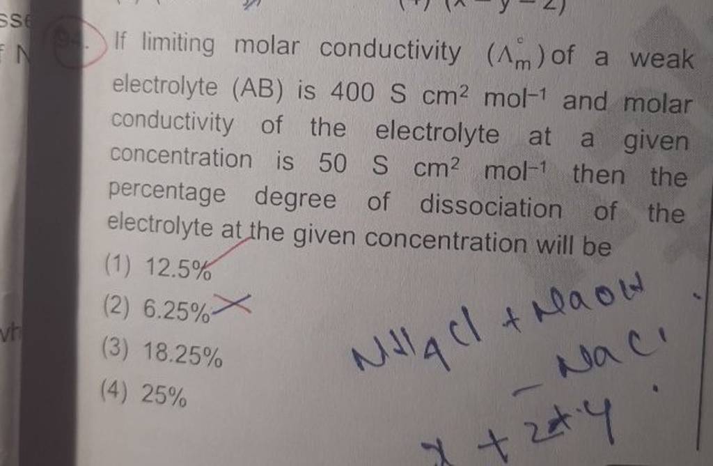 If limiting molar conductivity (Λm∘ ) of a weak electrolyte (AB) is 400 S..