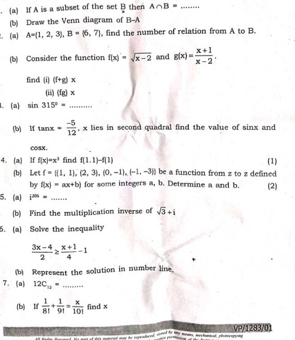 (a) If A Is A Subset Of The Set AB Then A∩B=……. (b) Draw The Venn Diagra..