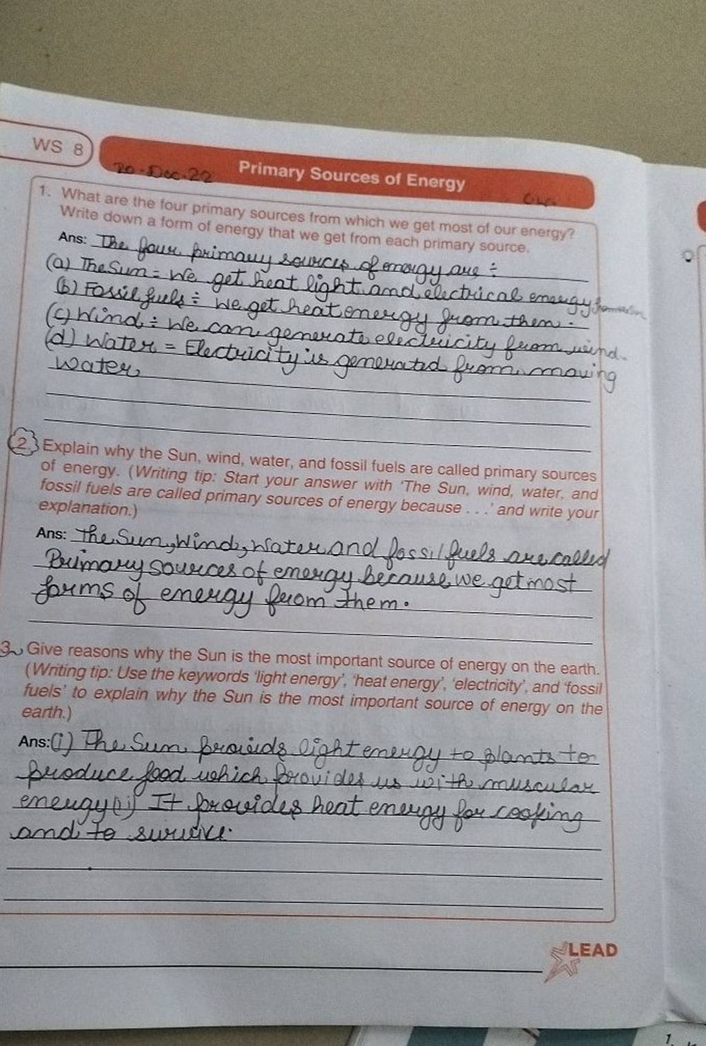 WS 8 To. Doc.21 Primary Sources of Energy 1. What are the four primary so..