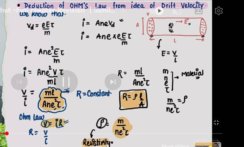  Deduction of OHM'S law from idea of Drift Velocity. Filo