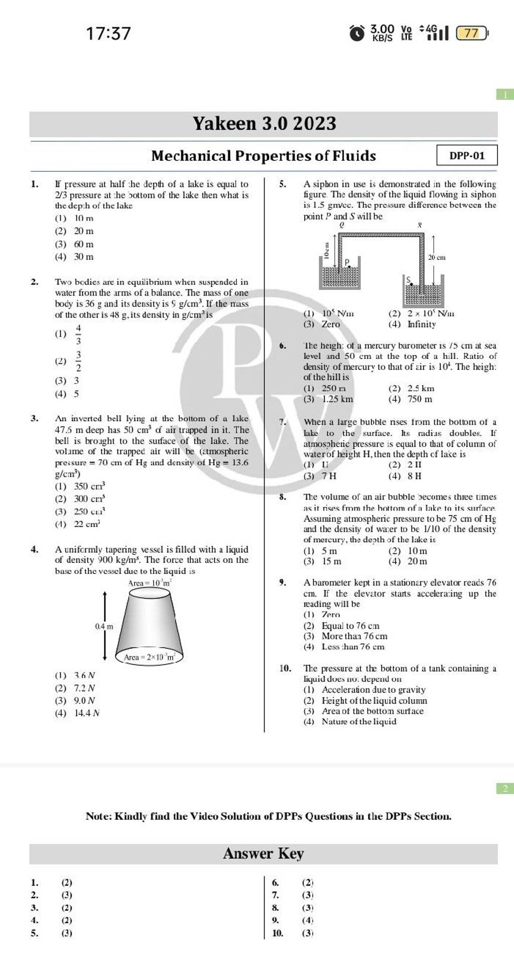 5 M 2 10 M Of Density 900 Kg ms The Force That Acts On The 3 15 M