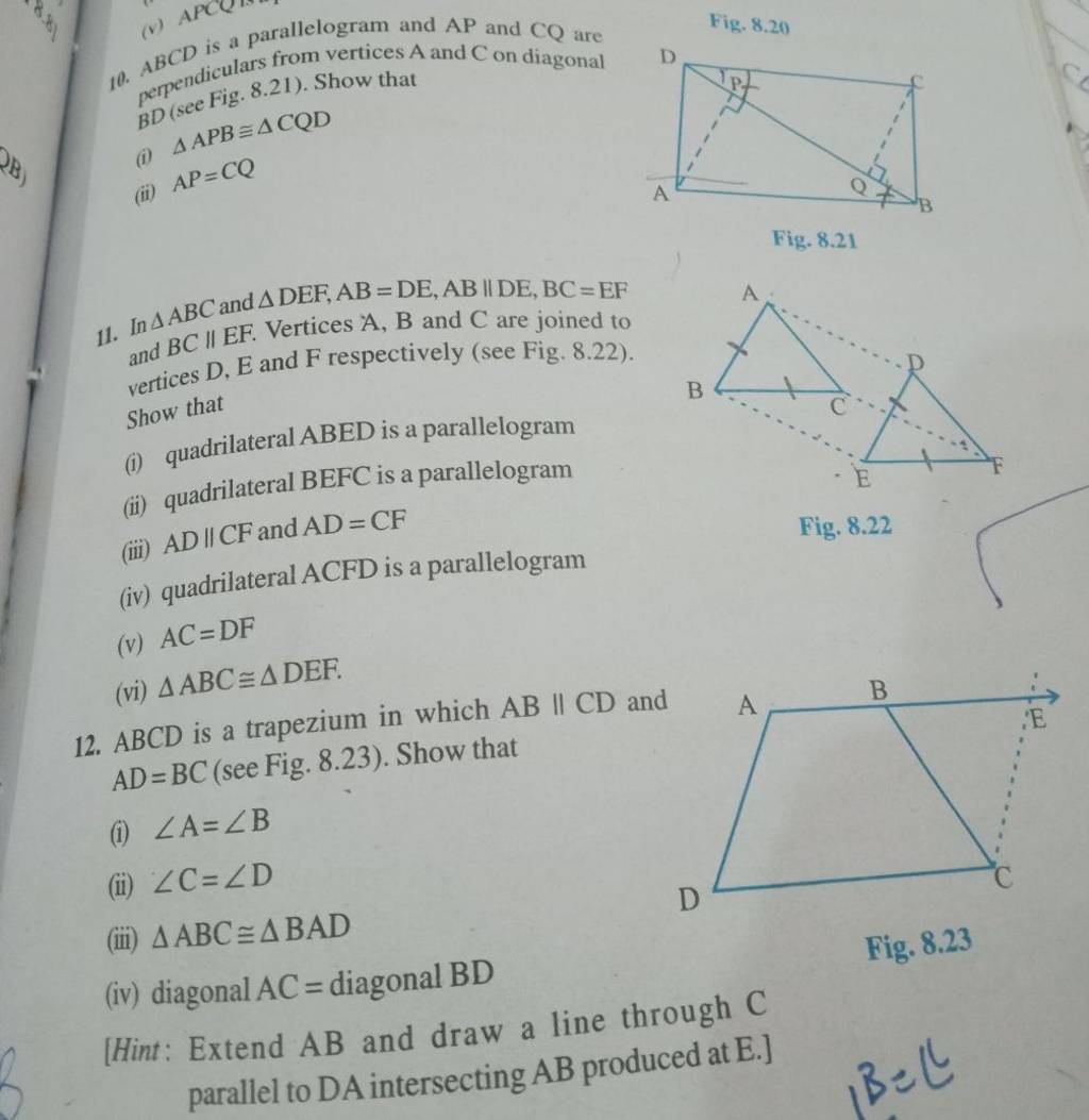 10. ABCD is a parallelogram and AP and CQ are Fig. 8.20 BD(see Fig. 8.21)..