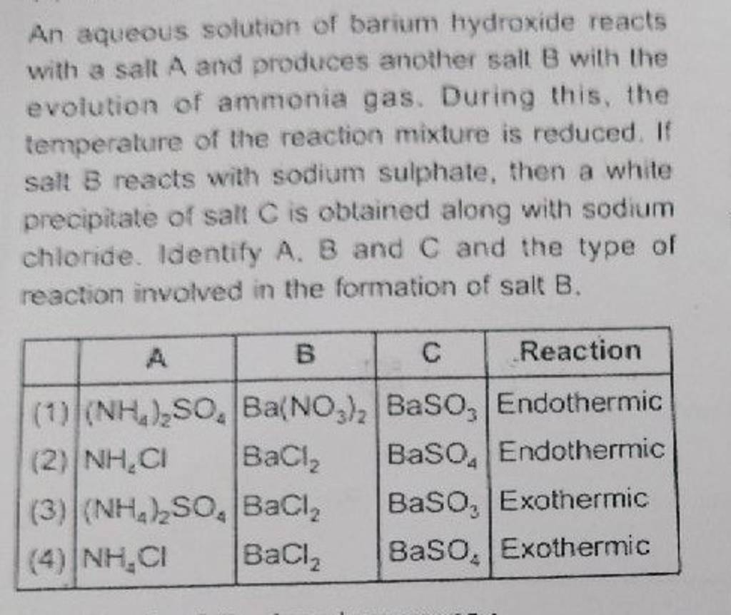 An aqueous solution of barium hydroxide reacts with a salt A and produces..