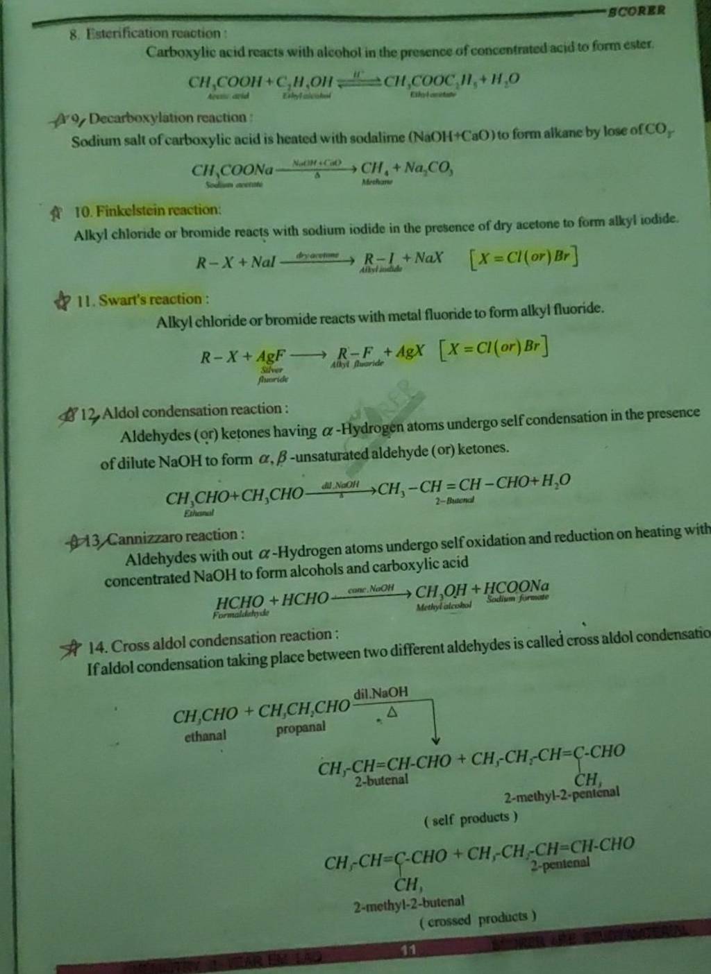 8. Esterification reaction : Carboxylic acid reacts with alcohol in the p..