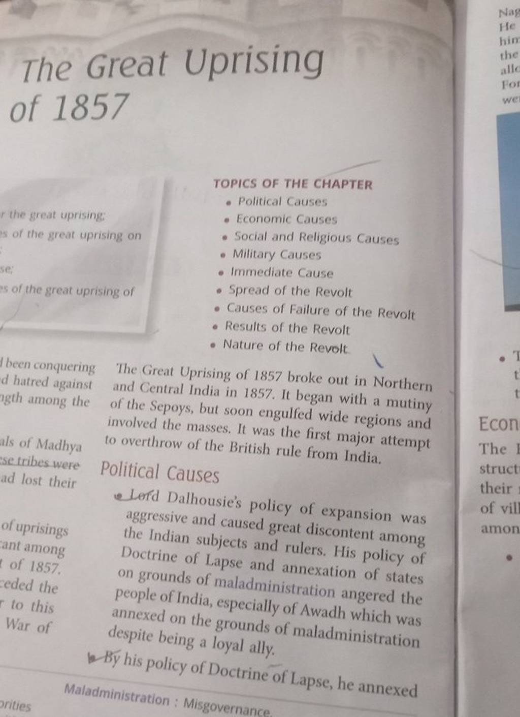 The Great Uprising Of 1857 TOPICS OF THE CHAPTER - Political Causes - Eco..