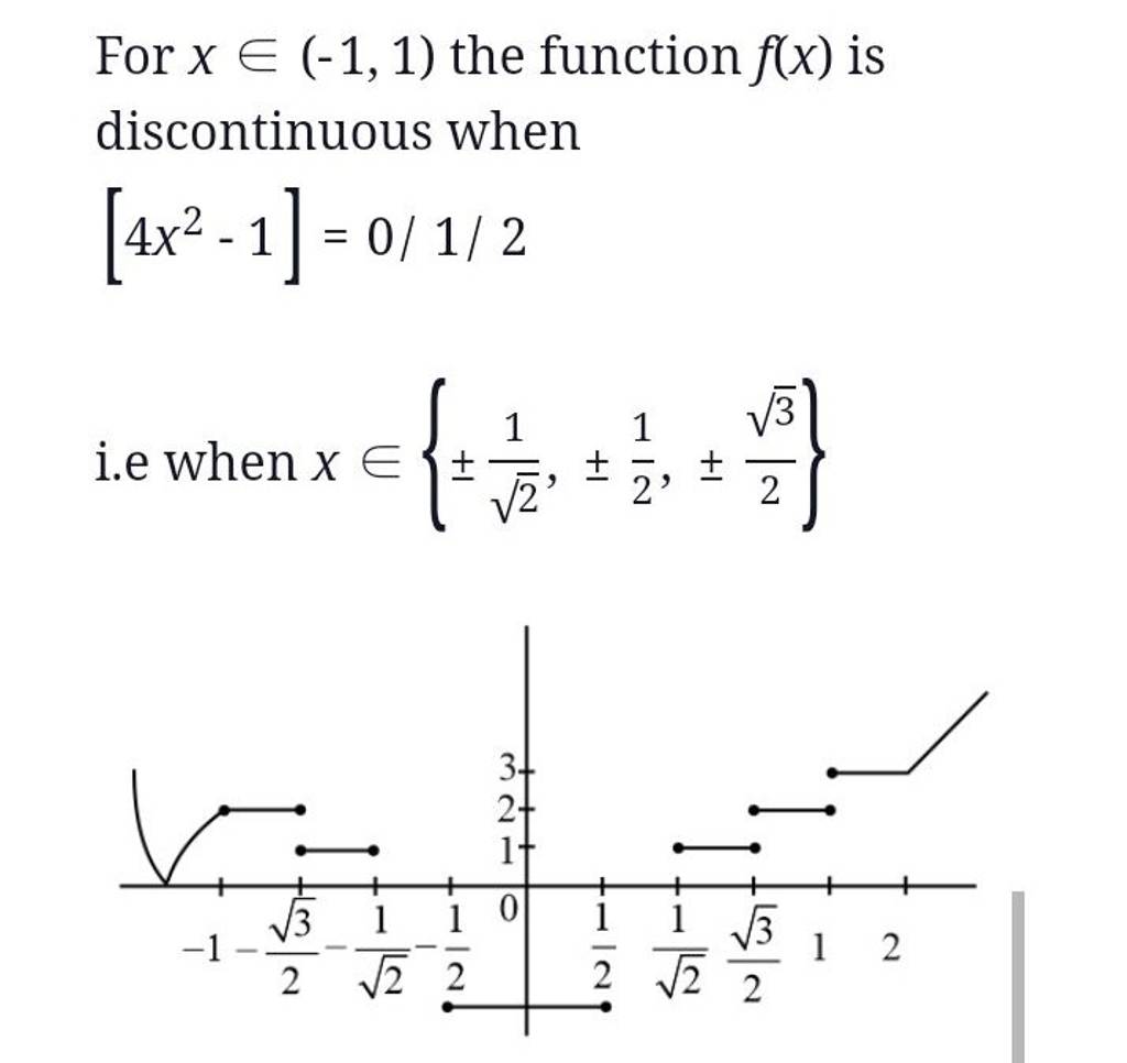 For x∈(−1,1) the function f(x) is discontinuous when
\[
\left[4 x^{2}-