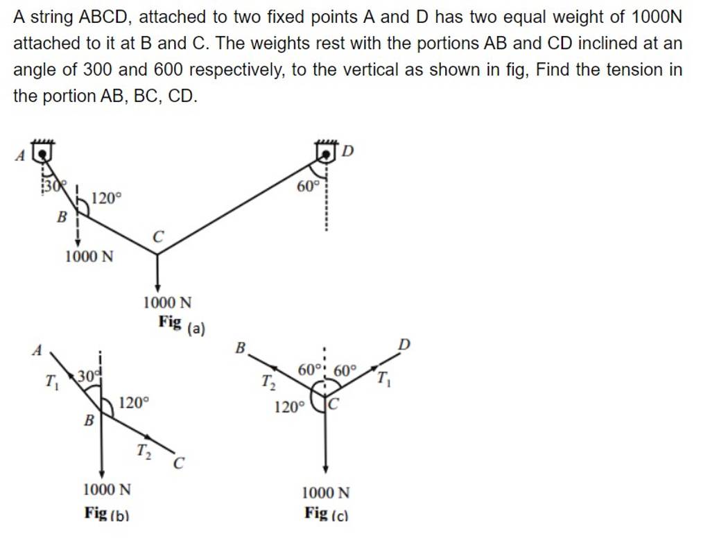 A string ABCD, attached to two fixed points A and D has two equal weight