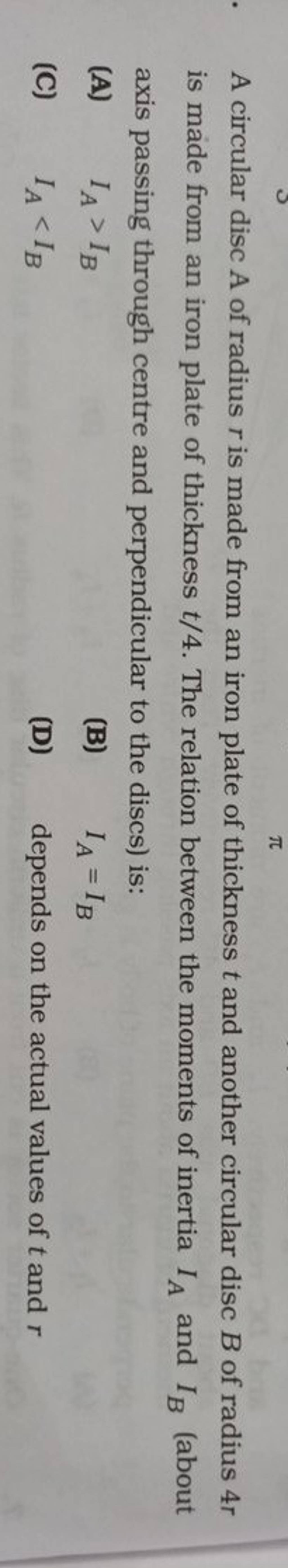 A circular disc A of radius r is made from an iron plate of thickness t a..