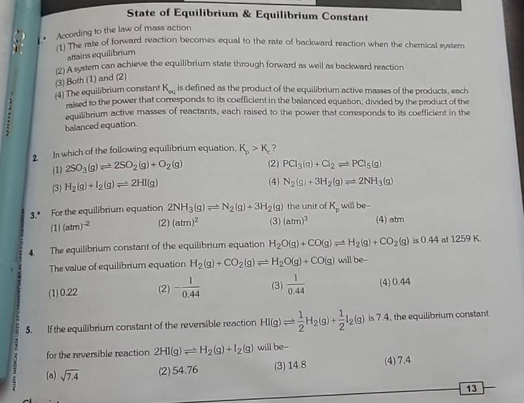 State of Equilibrium \& Equilibrium Constant (i) 1.- According to the law..