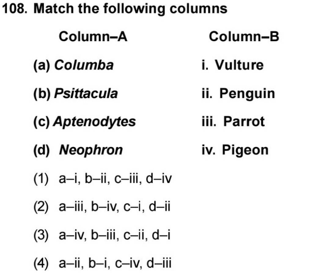 Match The Following Columns Column-A Column-B (a) Columba I. Vulture (b)