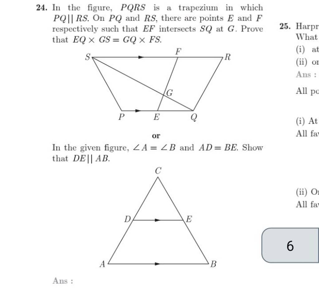 24. In the figure, PQRS is a trapezium in which PQ∥RS. On PQ and RS, ther..