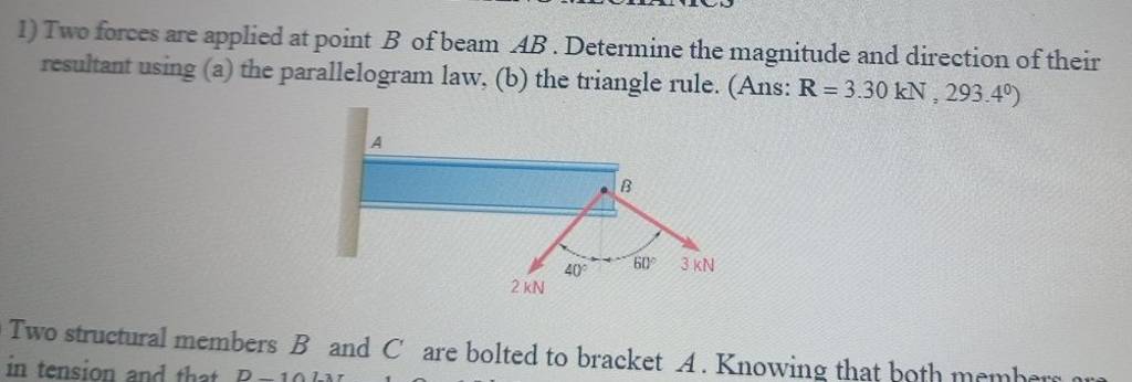 1) Two Forces Are Applied At Point B Of Beam AB. Determine The Magnitude