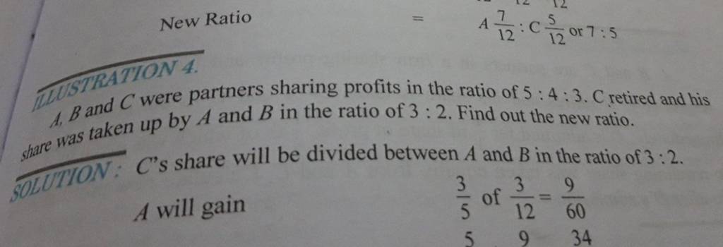 New Ratio =A127​:C125​ or 7:5TLLSTRATION 4 .A,B and C were partners sh