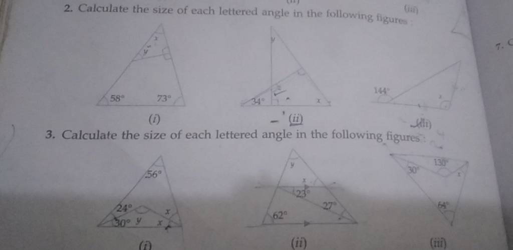 2. Calculate the size of each lettered angle in the following figures (i)..