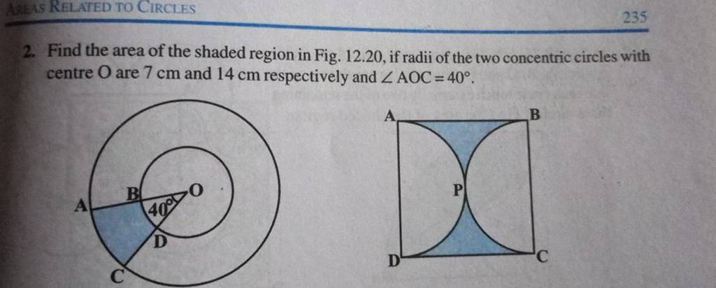 2. Find the area of the shaded region in Fig. 12.20, if radii of the two