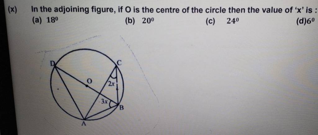 (x) In the adjoining figure, if O is the centre of the circle then the va..