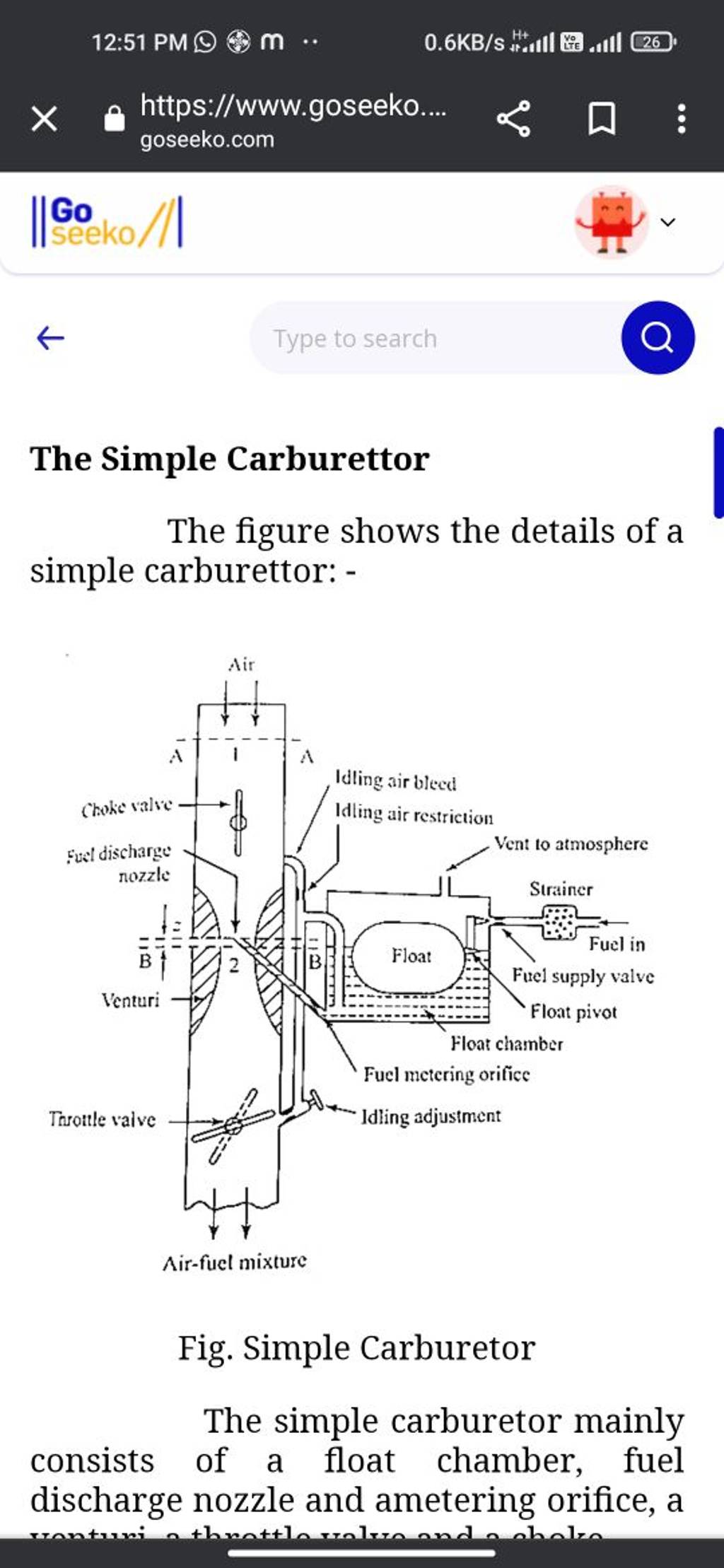 The Simple Carburettor The figure shows the details of a simple carburett..