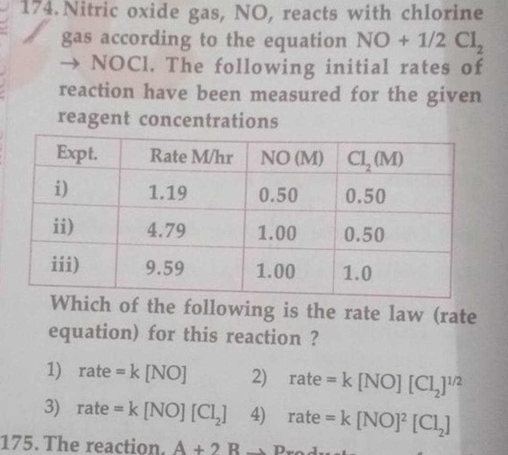 Nitric oxide gas, NO, reacts with chlorine gas according to the equation