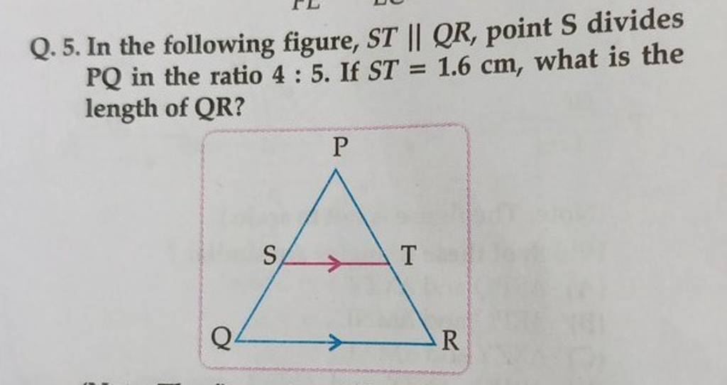 Q. 5. In the following figure, ST∥QR, point S divides PQ in the ratio 45..