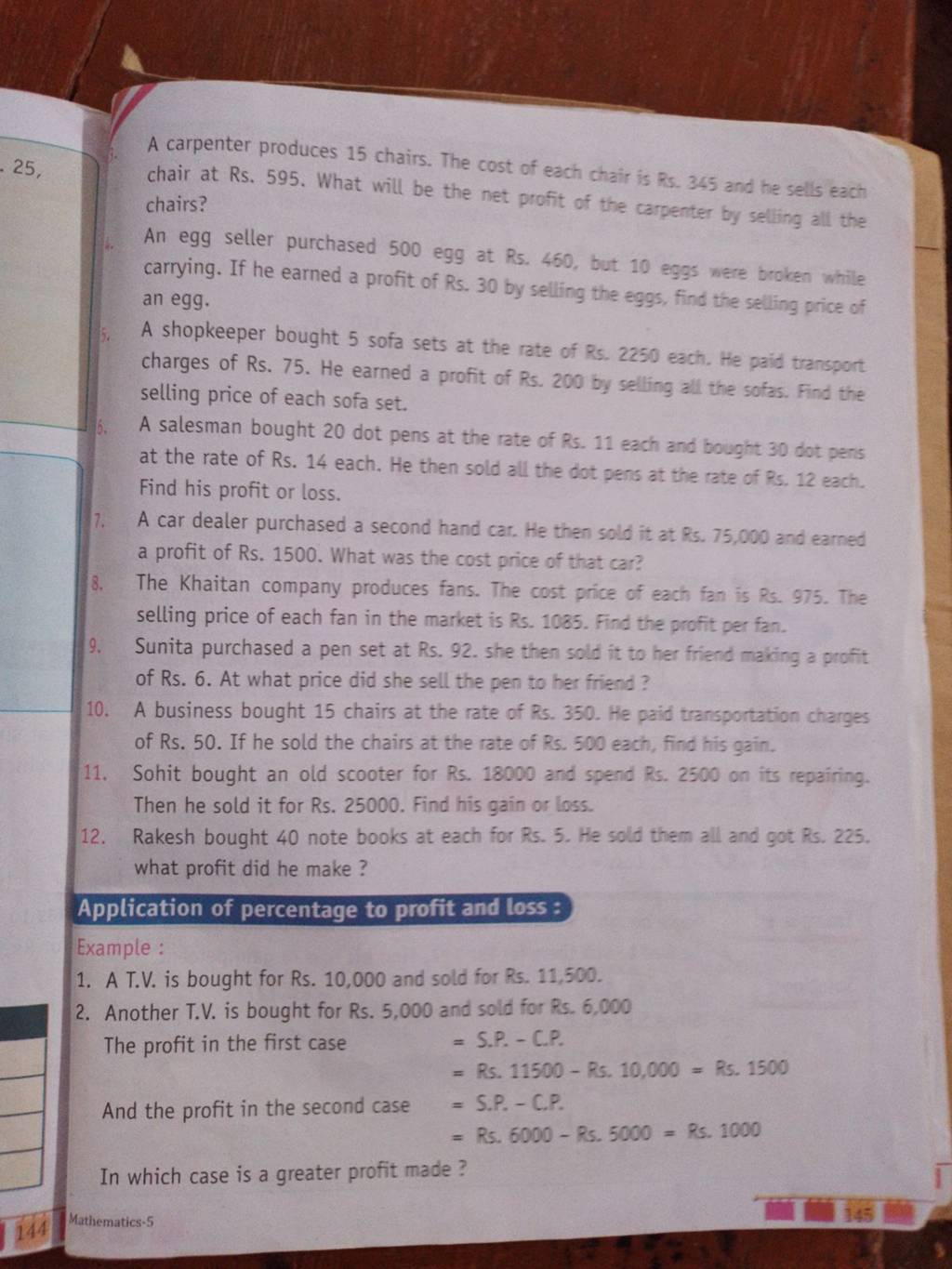 A carpenter produces 15 chairs. The cost of each chair is Ps. 345 and he