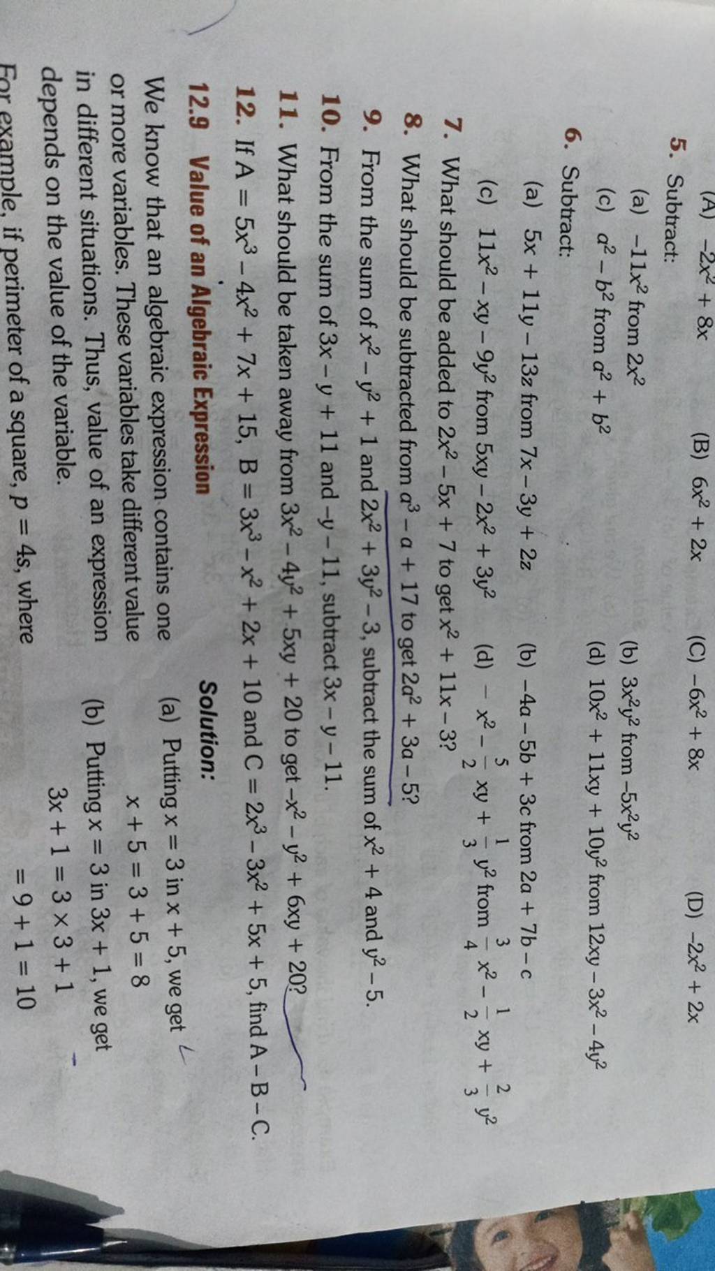 5. Subtract: (B) 6x2+2x (C) −6x2+8x (D) −2x2+2x (a) −11x2 From 2x2 (b) 3x..