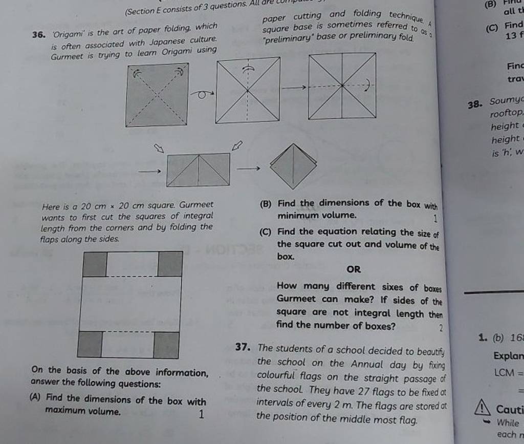 (Section E consists of 3 questions. 36. Origami' is the art of paper fold..