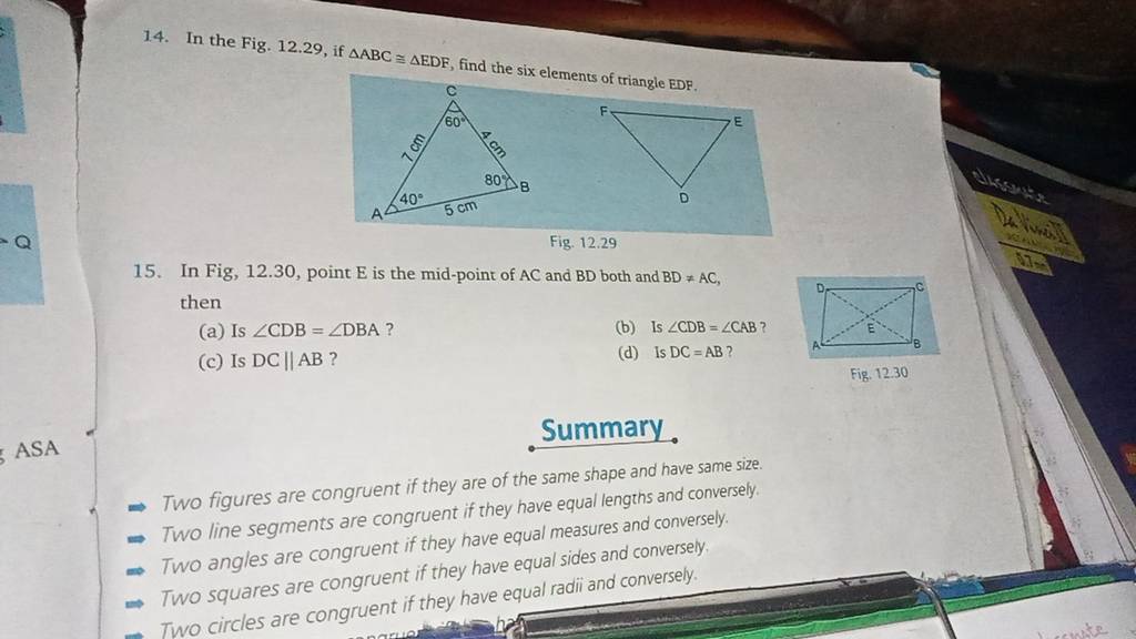14. In the Fig. 12.29, if ABC≅ EDF, find the six elements of triangle ED..