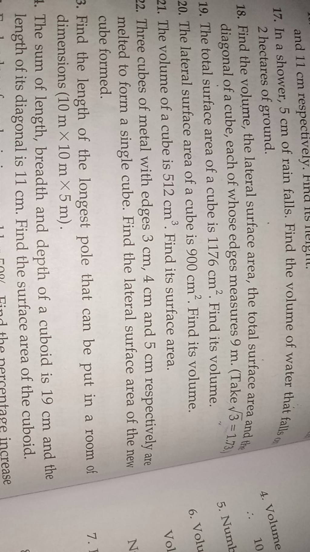 17. In a shower, 5 cm of rain falls. Find the volume of water that falls