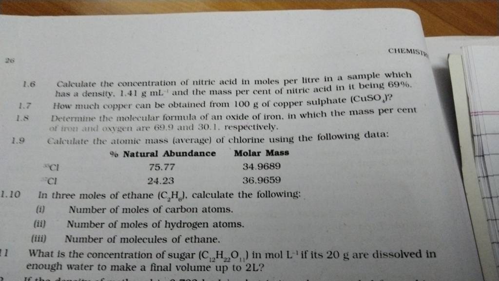 20 1.6 Calculate the concentration of nitric acid in moles per litre in a..