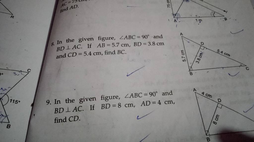 8. In the given figure, ∠ABC=90∘ and BD⊥AC. If AB=5.7 cm,BD=3.8 cm and CD..