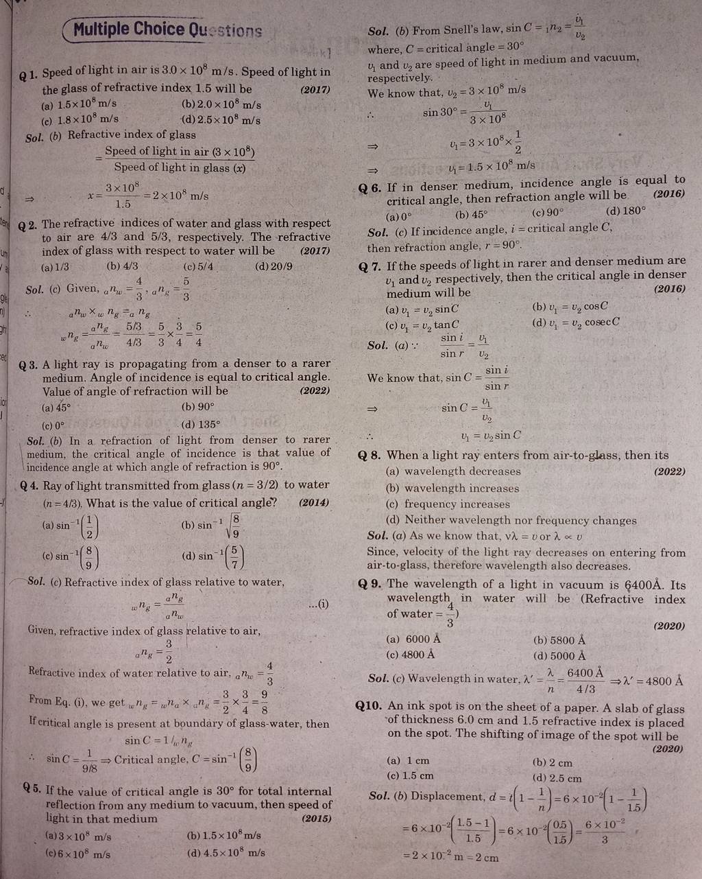 Multiple Choice Questions Sol. (b) From Snell's law, sinC=1 n2 =v2 v˙1