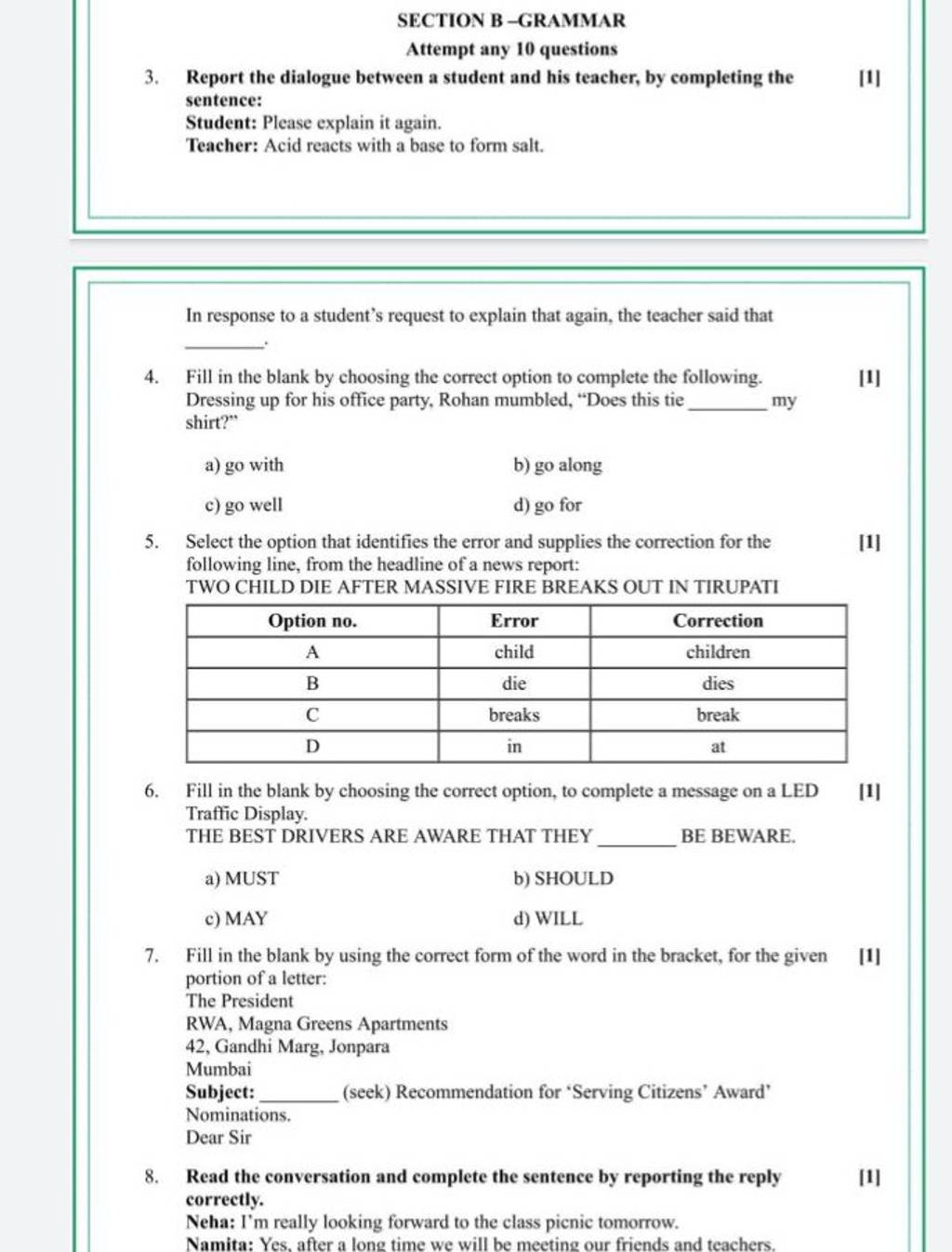 SECTION B-GRAMMAR Attempt Any 10 Questions 3. Report The Dialogue Between..