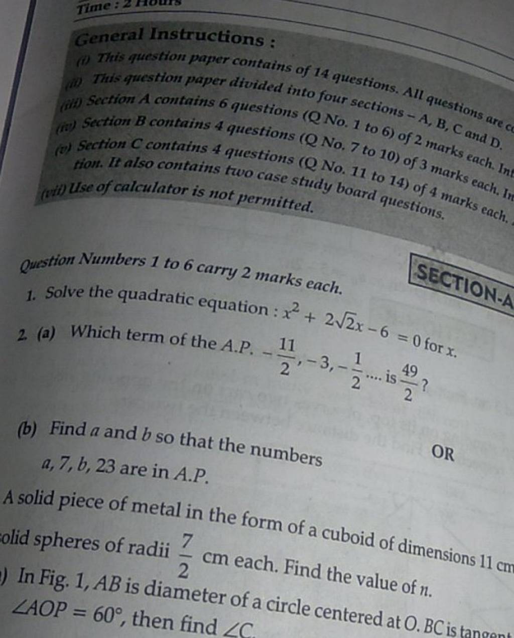 General Instructions (ii) This question paper divided into fourstions