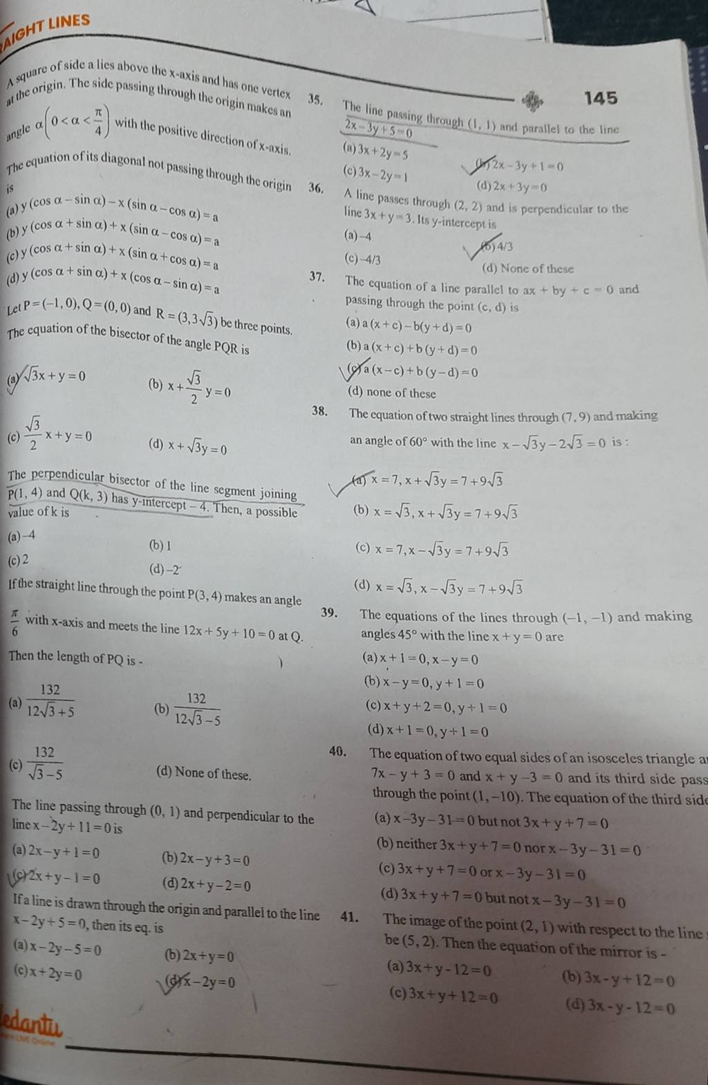 The equation of two equal sides of an isosceles triangle a The line passi..