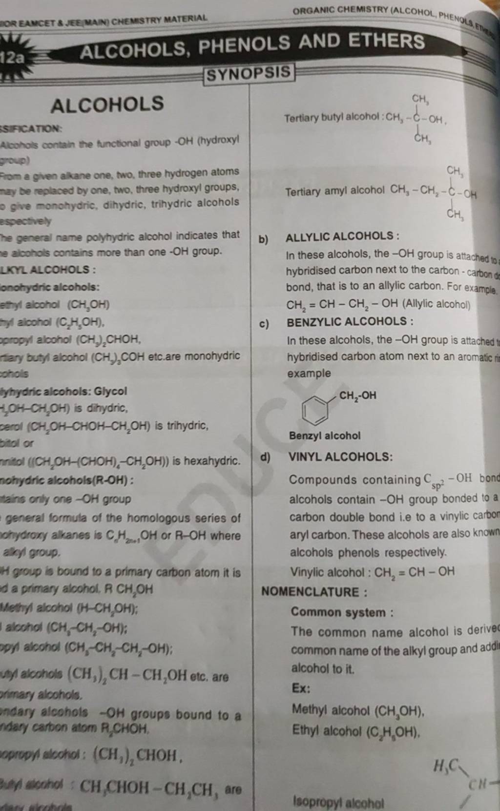 ALCOHOLS, PHENOLS ALCOHOLS Tertiary butyl alcohol SIFICATION Alcohols co..