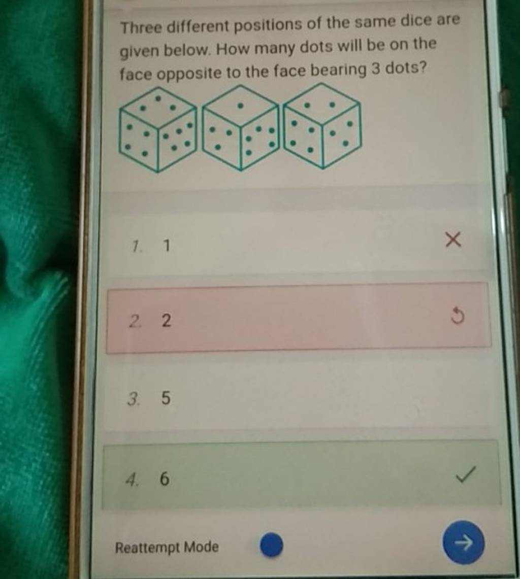 Three different positions of the same dice are given below. How many dots..