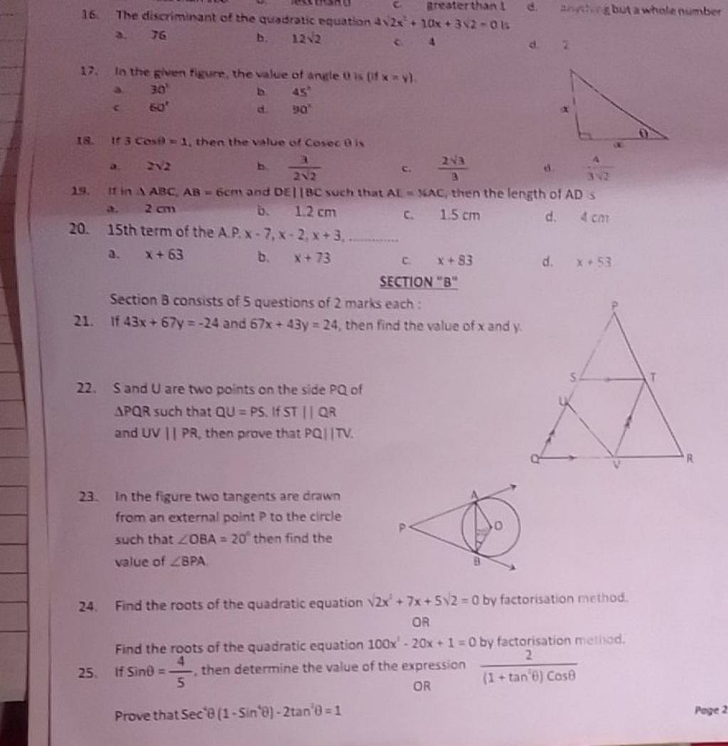 36. The discriminant of the quadratic equation 42x2 +10x+3×2−015 a. 36 b...