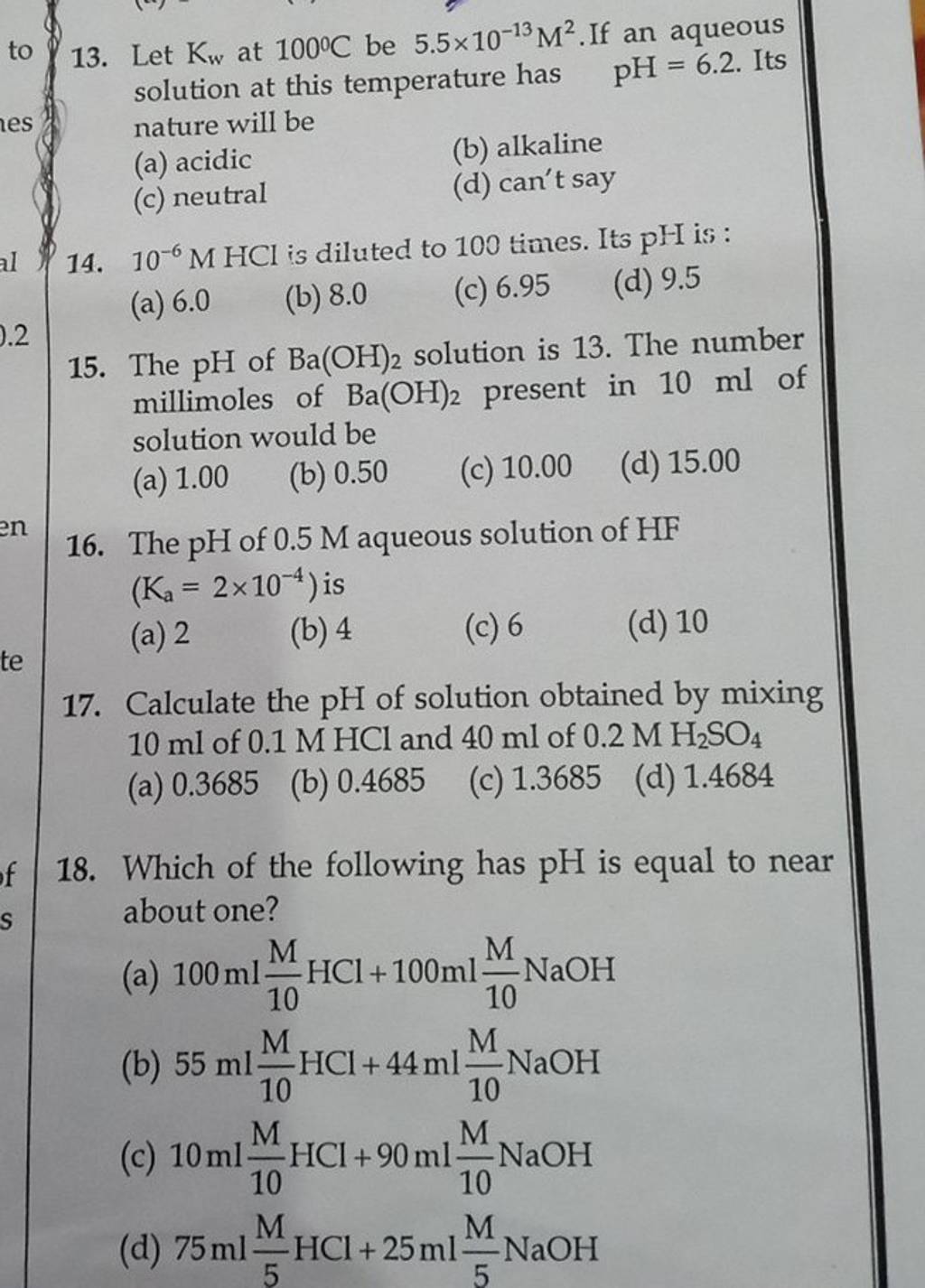 The ph of 0 5m aqueous solution of hf ka 2 10 4 is filo